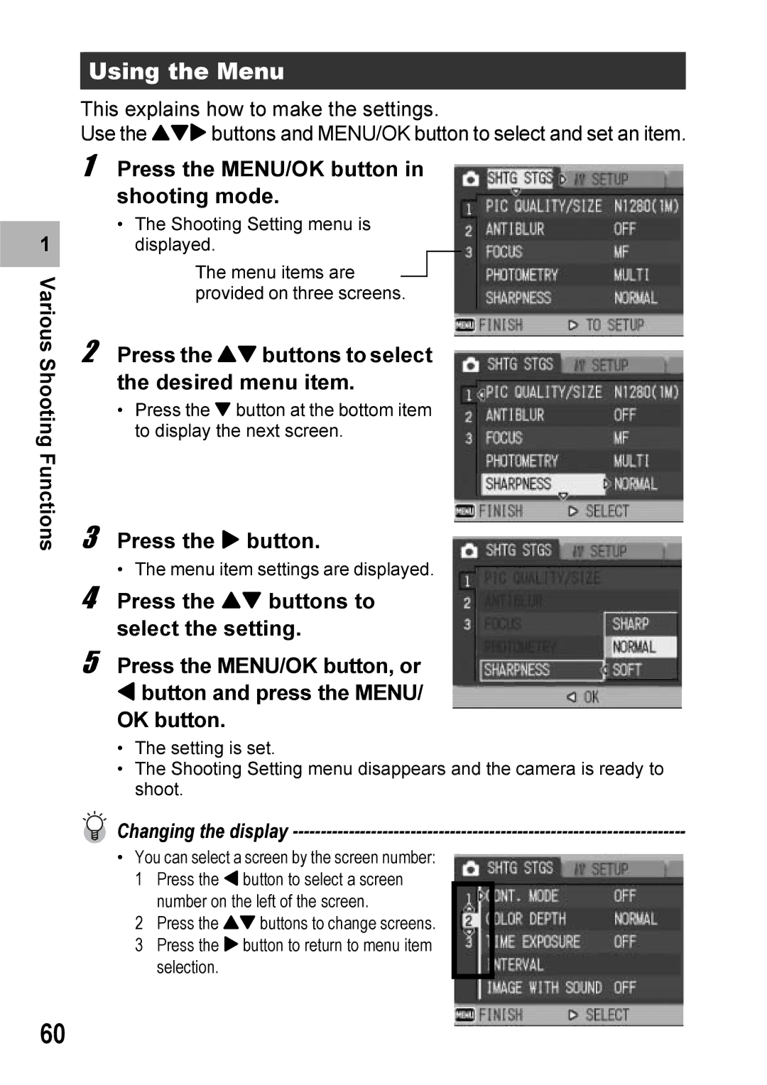 Ricoh 500SE Using the Menu, Press the MENU/OK button in shooting mode, Press the ! buttons to select the desired menu item 