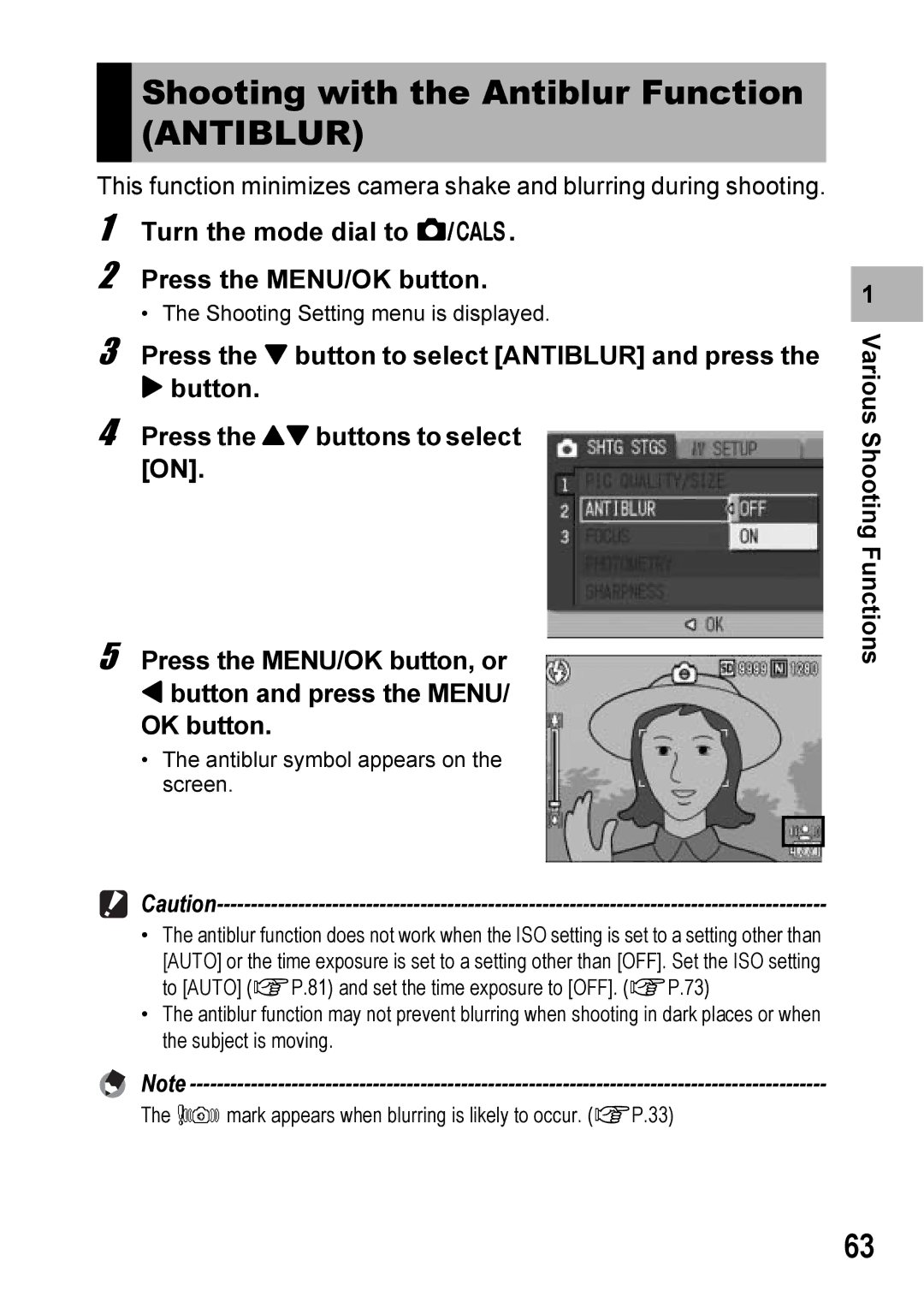 Ricoh 500SE manual Shooting with the Antiblur Function Antiblur, Turn the mode dial to 5/K Press the MENU/OK button 