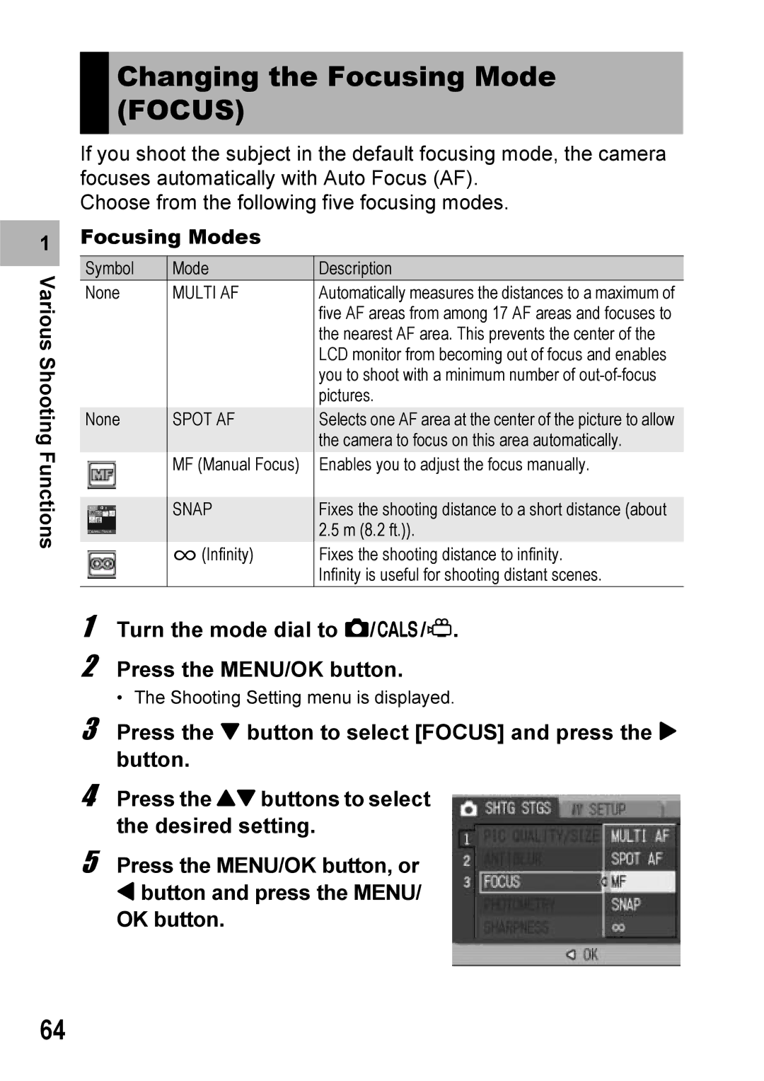 Ricoh 500SE manual Changing the Focusing Mode Focus, Turn the mode dial to 5/K/3 Press the MENU/OK button, Focusing Modes 