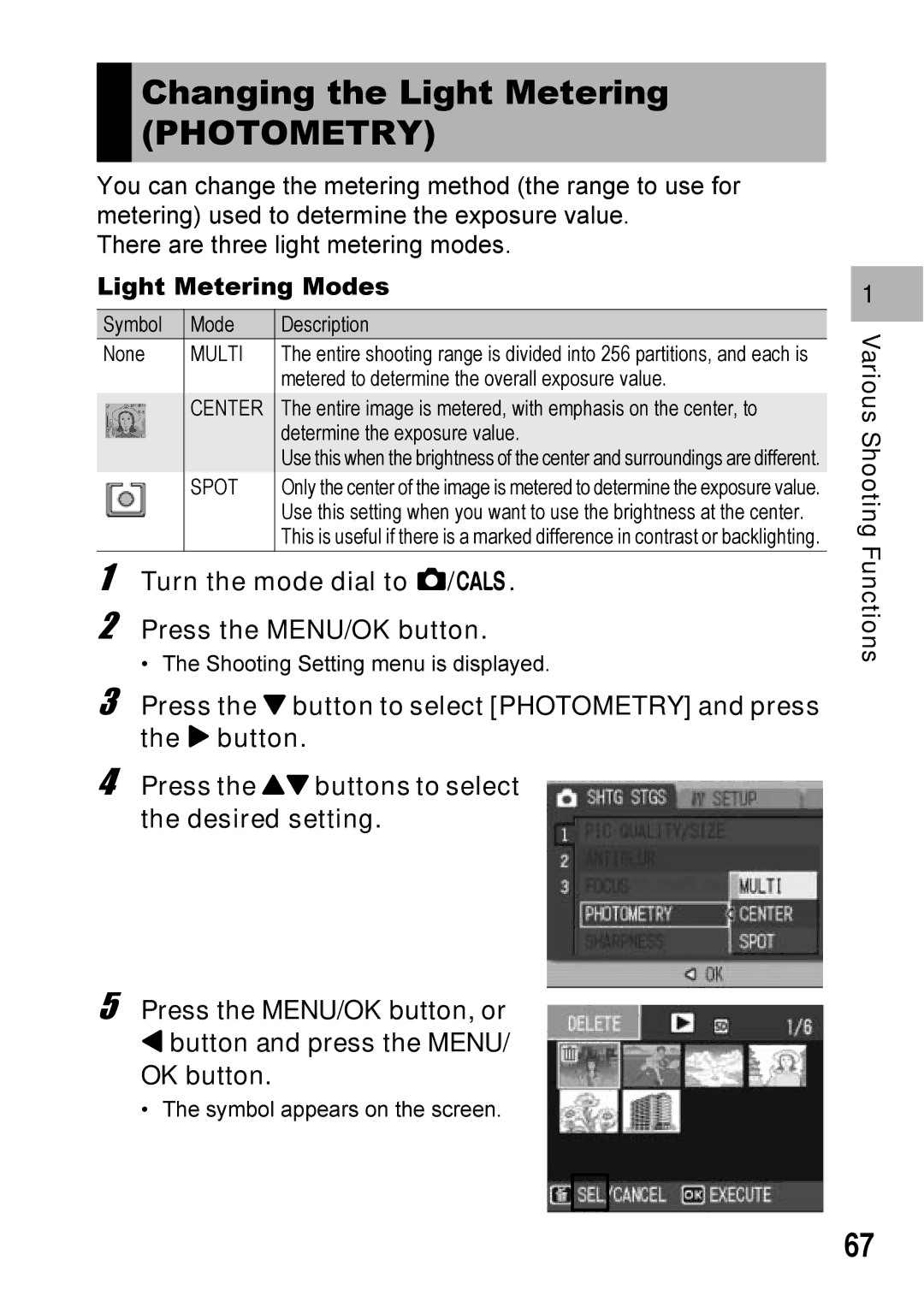 Ricoh 500SE manual Changing the Light Metering, Photometry, Light Metering Modes 