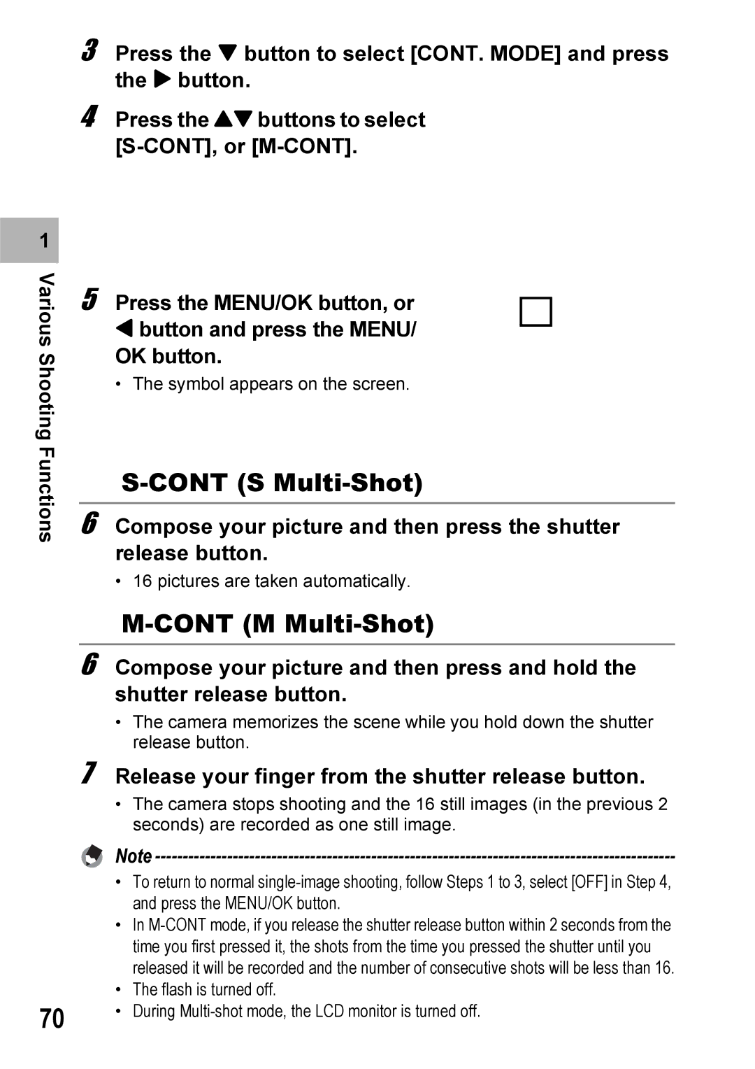 Ricoh 500SE manual S Multi-Shot, Release your finger from the shutter release button 