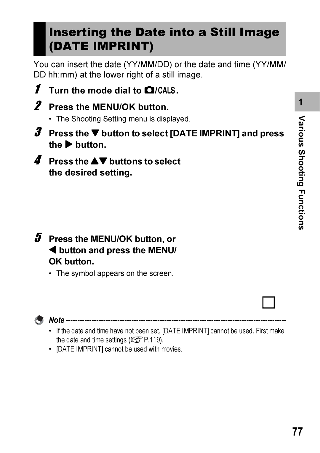 Ricoh 500SE manual Inserting the Date into a Still Image, Date Imprint 