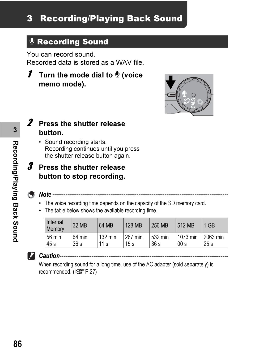 Ricoh 500SE manual Recording/Playing Back Sound, Recording Sound, Turn the mode dial to 2 voice memo mode 