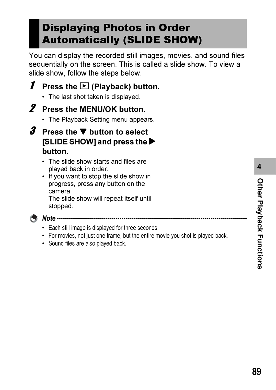 Ricoh 500SE manual Displaying Photos in Order Automatically Slide Show 