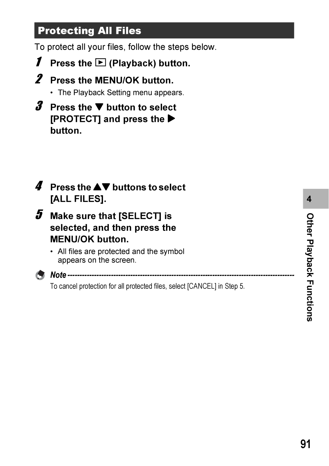 Ricoh 500SE manual Protecting All Files, Press the 6 Playback button Press the MENU/OK button 