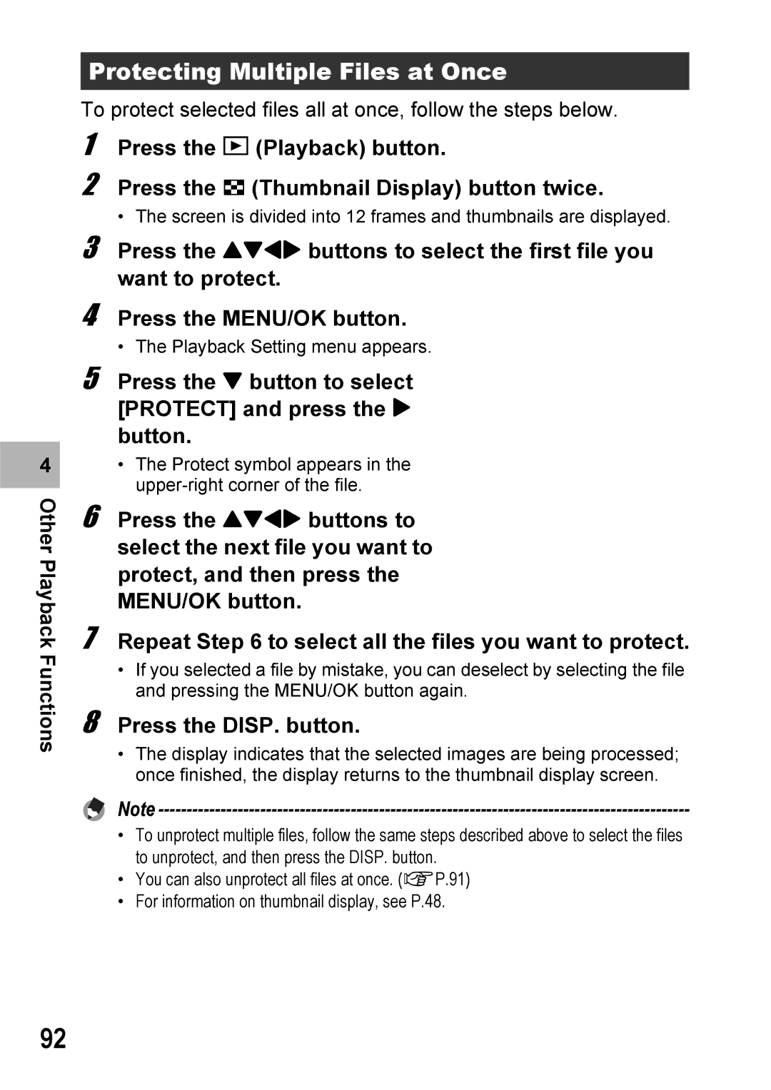 Ricoh 500SE manual Protecting Multiple Files at Once, Press the button to select Protect and press the $ button 