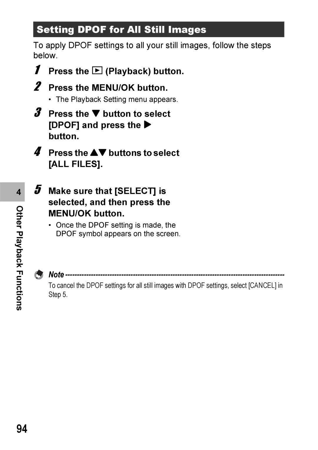 Ricoh 500SE manual Setting Dpof for All Still Images, Press the 6 Playback button Press the MENU/OK button 