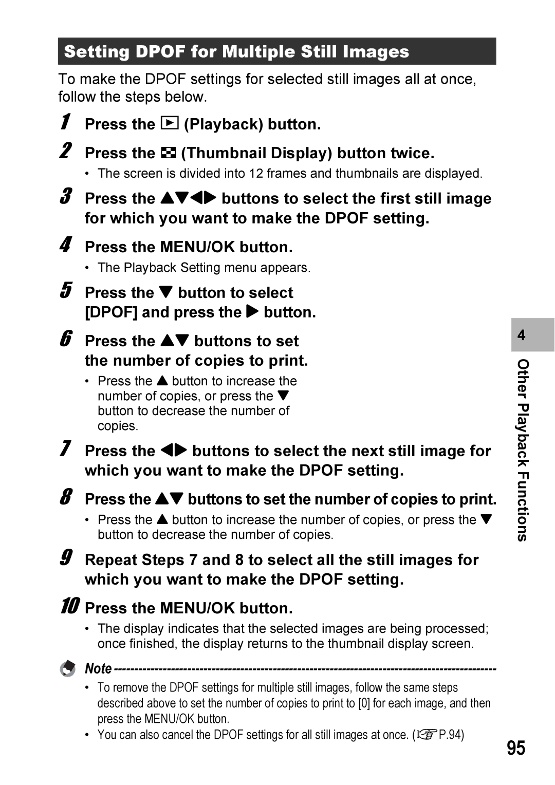 Ricoh 500SE manual Setting Dpof for Multiple Still Images 