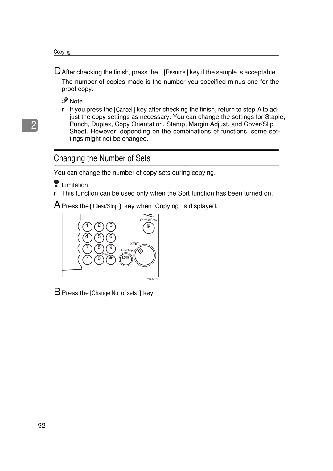 Ricoh 551, 700 manual Changing the Number of Sets, Press the Clear/Stop key when Copying is displayed 