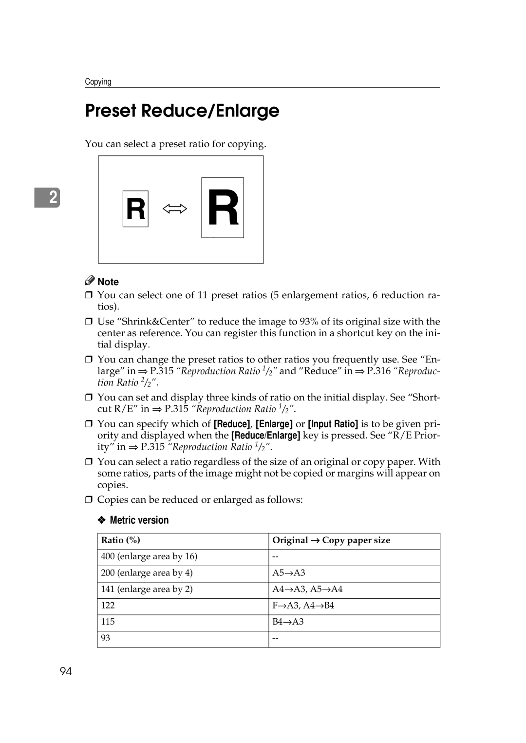 Ricoh 551, 700 manual Preset Reduce/Enlarge, Ratio % Original → Copy paper size 