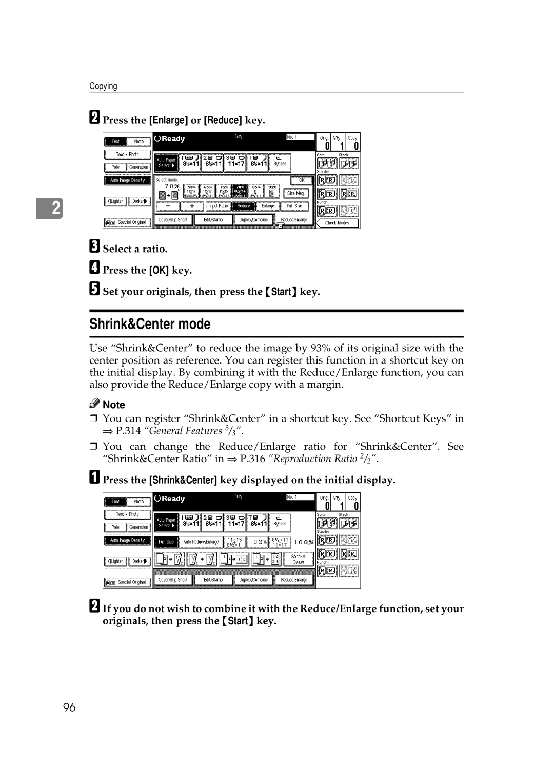 Ricoh 551, 700 manual Shrink&Center mode, Press the Enlarge or Reduce key 