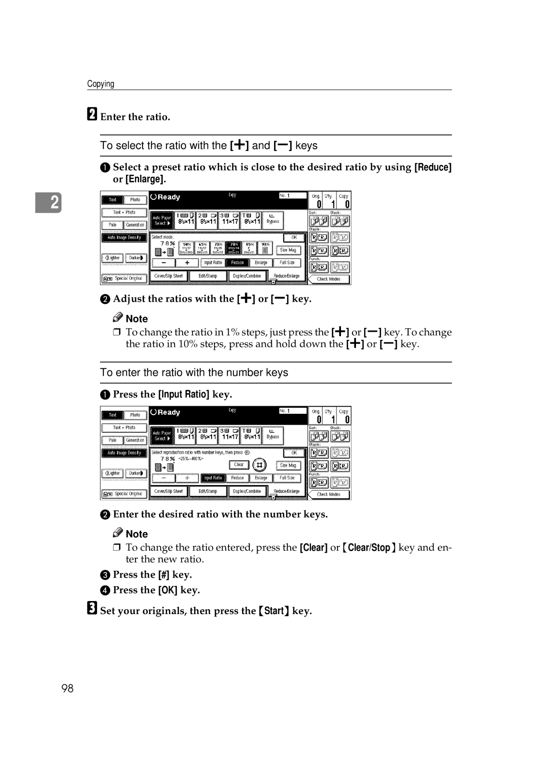 Ricoh 551, 700 manual To select the ratio with the n and o keys, To enter the ratio with the number keys, Enter the ratio 