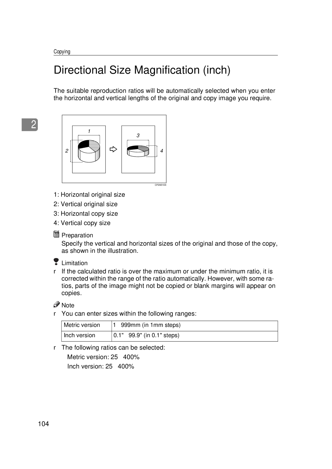 Ricoh 551, 700 manual Directional Size Magnification inch, 104 