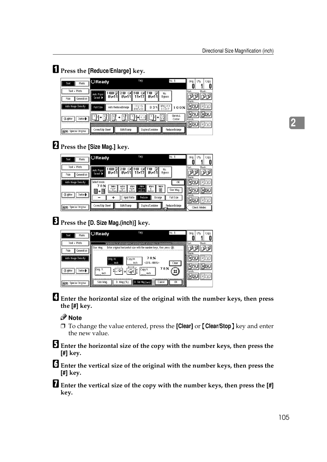Ricoh 700, 551 manual 105, Press the Size Mag. key, Press the D. Size Mag.inch key 