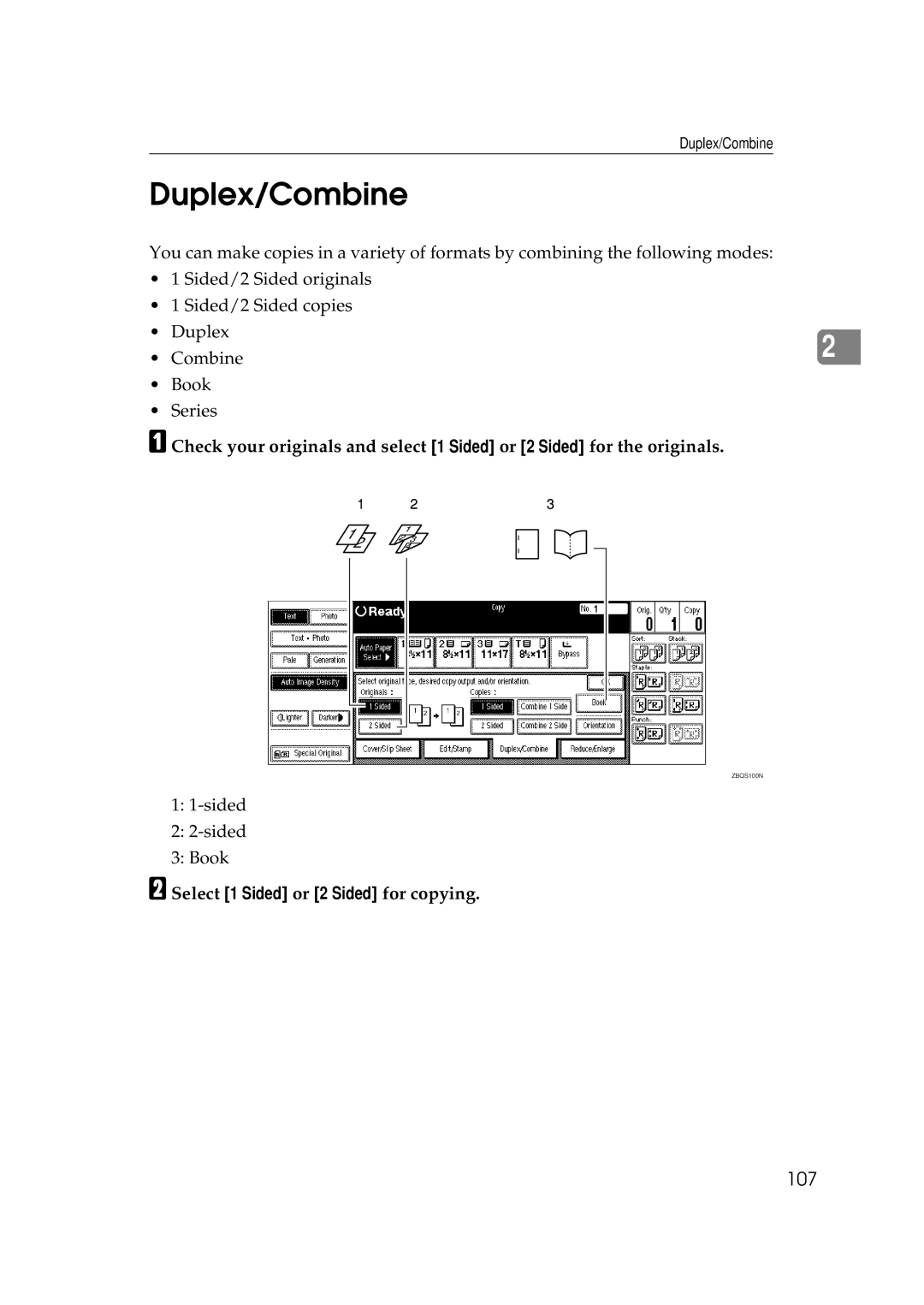 Ricoh 700, 551 manual Duplex/Combine, 107, Select 1 Sided or 2 Sided for copying 