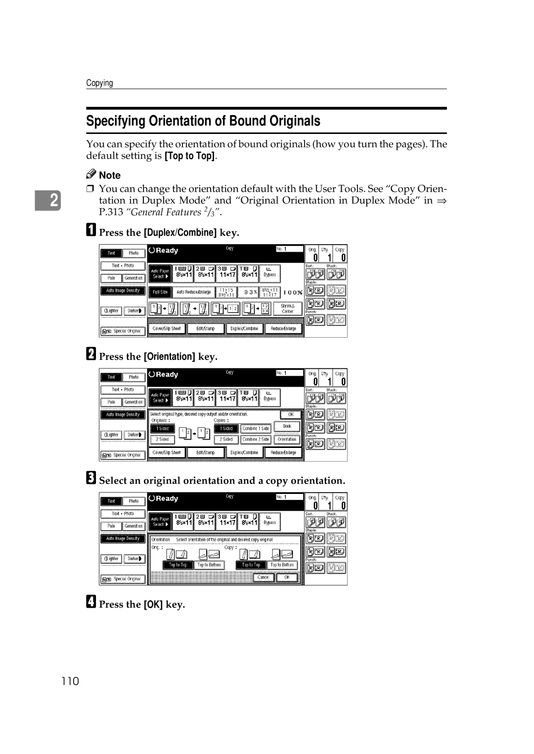 Ricoh 551, 700 manual Specifying Orientation of Bound Originals, 110, Press the Duplex/Combine key 