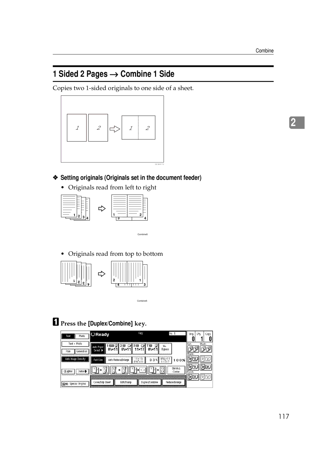 Ricoh 700, 551 manual Sided 2 Pages → Combine 1 Side, Setting originals Originals set in the document feeder, 117 