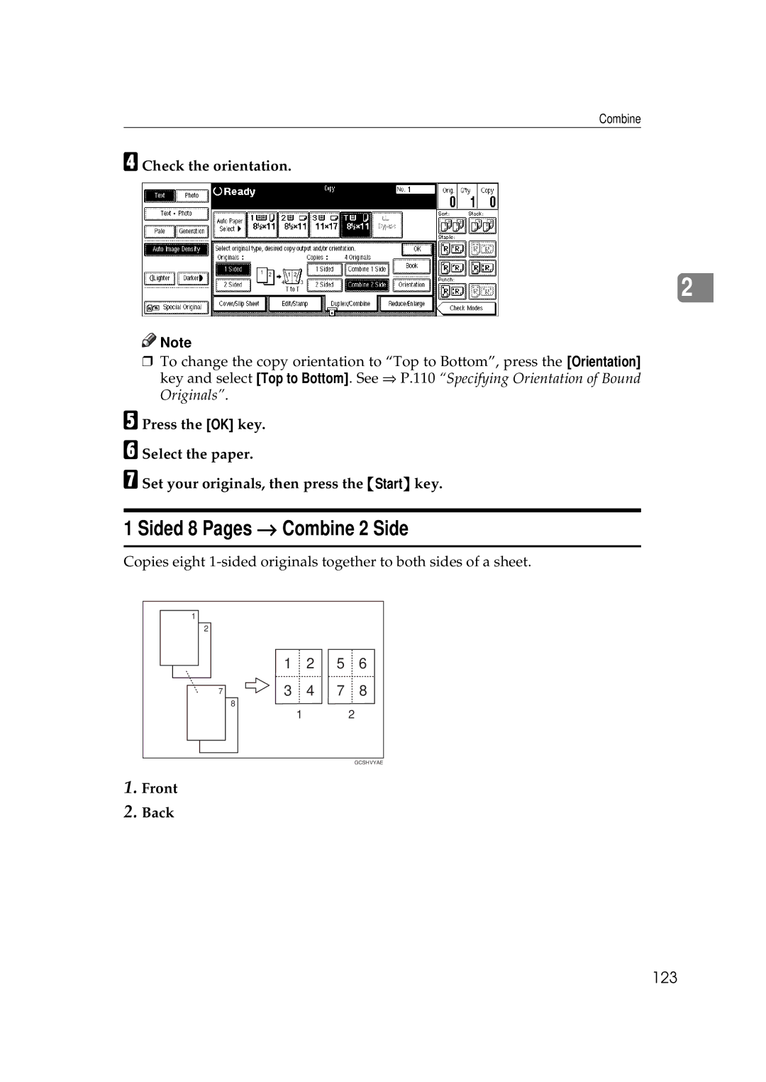 Ricoh 700, 551 manual Sided 8 Pages → Combine 2 Side, 123, Check the orientation, Front Back 