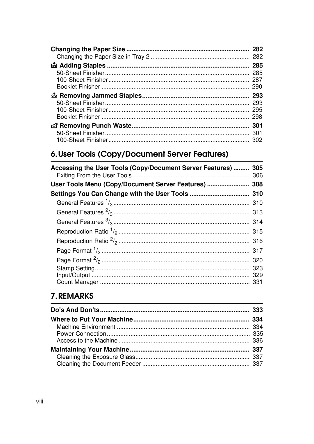 Ricoh 551, 700 manual Changing the Paper Size 282, Adding Staples 285, Removing Jammed Staples 293, Removing Punch Waste 301 