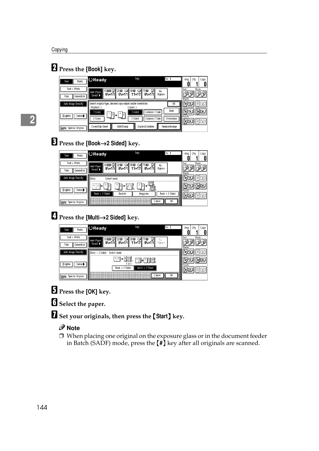 Ricoh 551, 700 manual 144, Press the Book key Press the Book→2 Sided key, Press the Multi→2 Sided key 