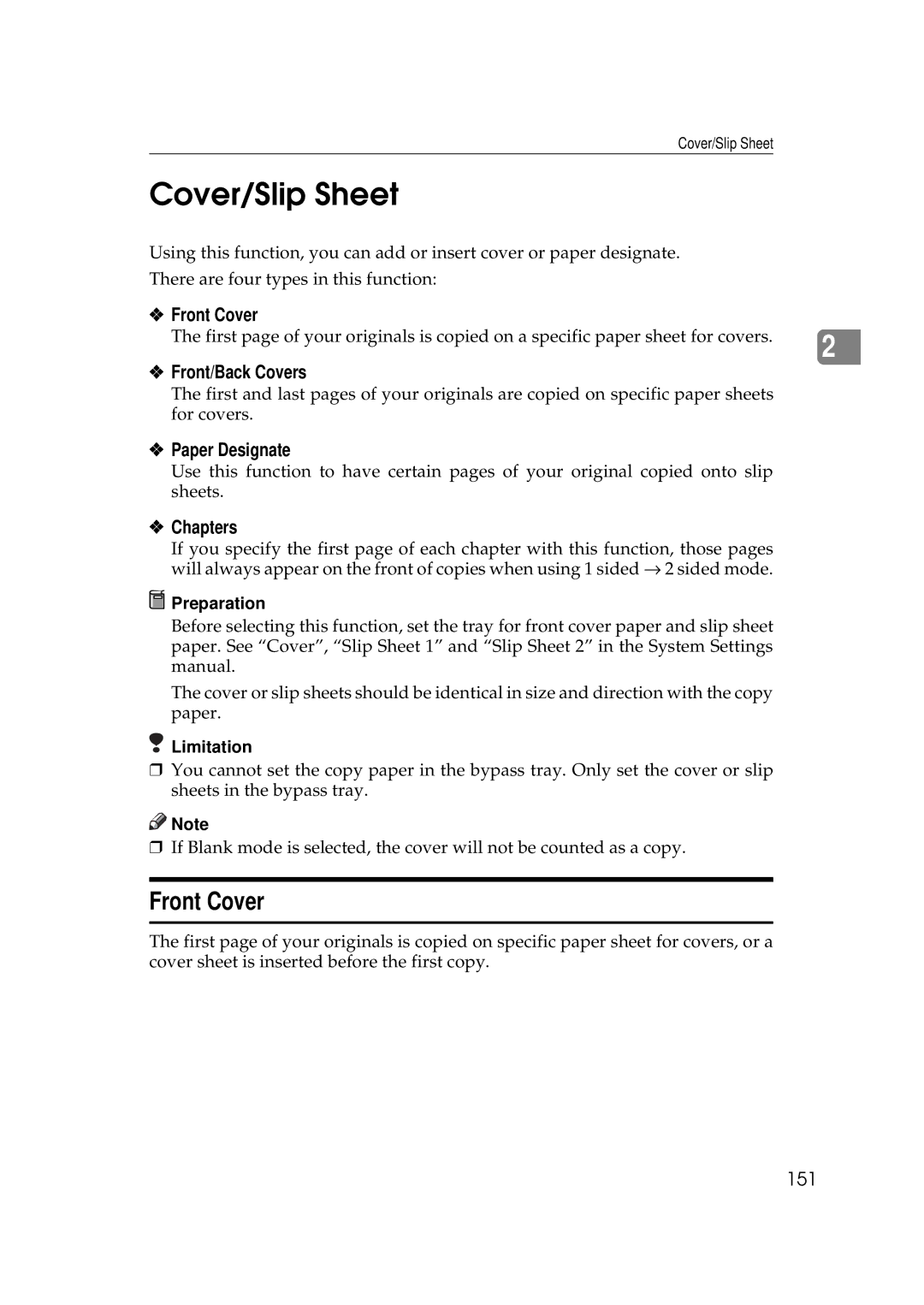 Ricoh 700, 551 manual Cover/Slip Sheet, Front Cover 