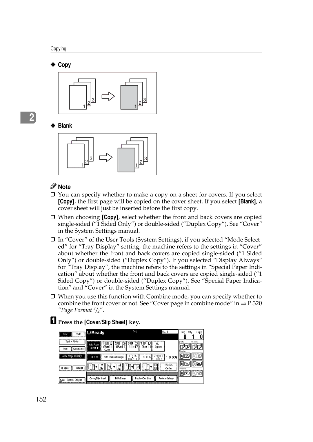 Ricoh 551, 700 manual Copy Blank, 152, Press the Cover/Slip Sheet key 