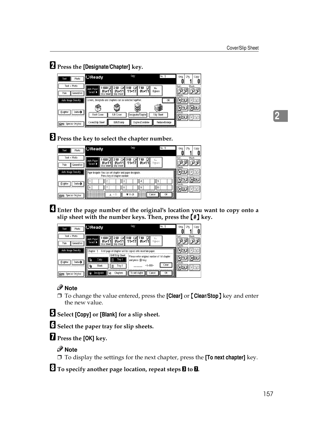 Ricoh 700, 551 manual 157, Press the Designate/Chapter key, To specify another page location, repeat steps C to G 