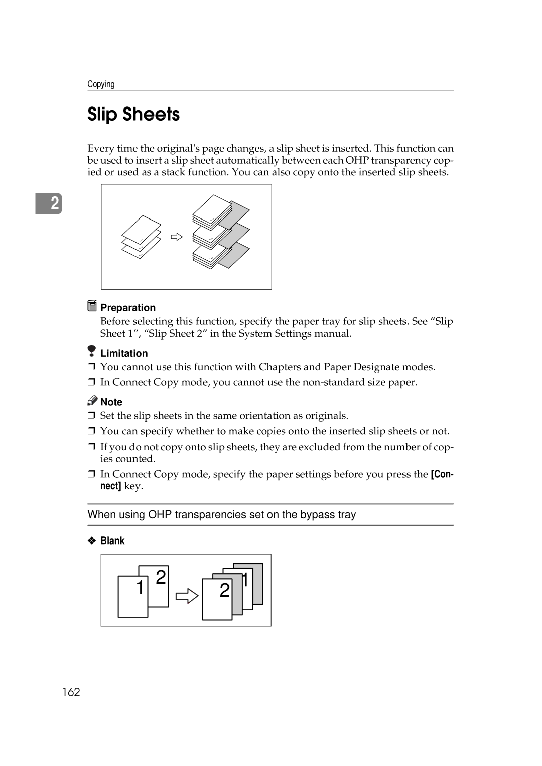 Ricoh 551, 700 manual Slip Sheets, When using OHP transparencies set on the bypass tray, 162 