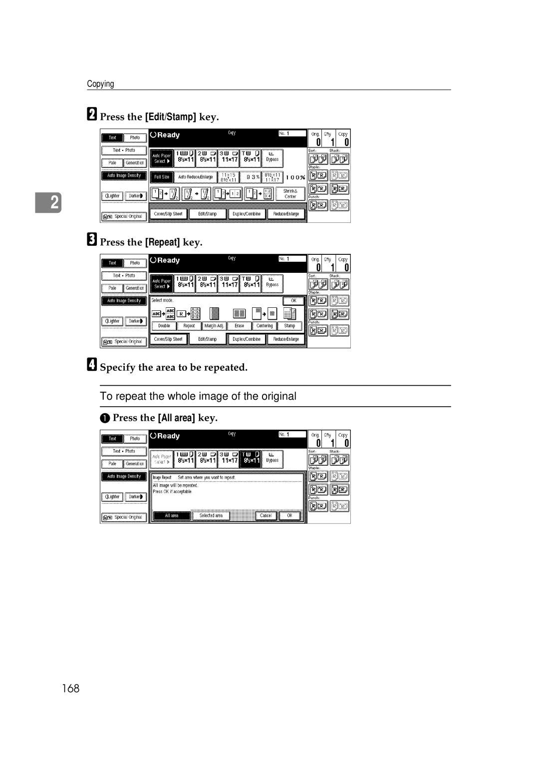 Ricoh 551, 700 manual To repeat the whole image of the original, 168, Press the All area key 