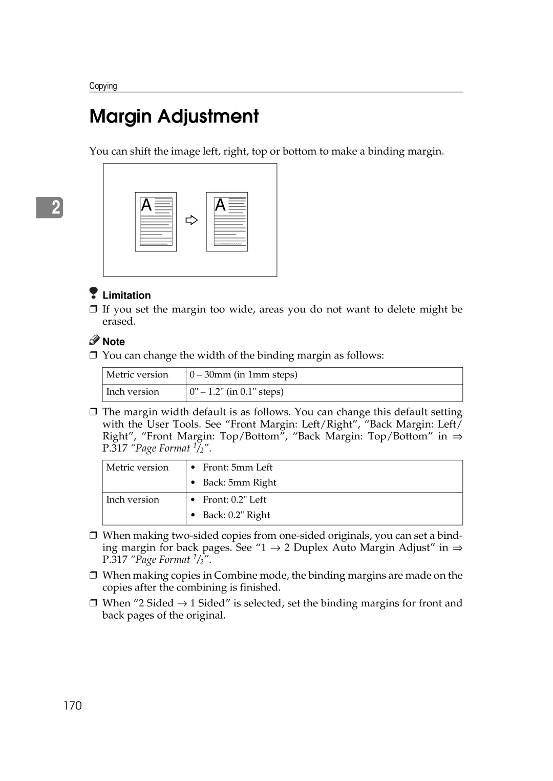 Ricoh 551, 700 manual Margin Adjustment, 170 