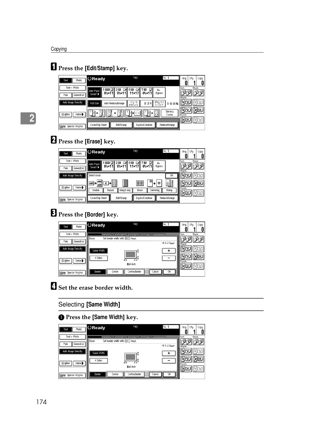 Ricoh 551, 700 manual Selecting Same Width, 174, Press the Same Width key 