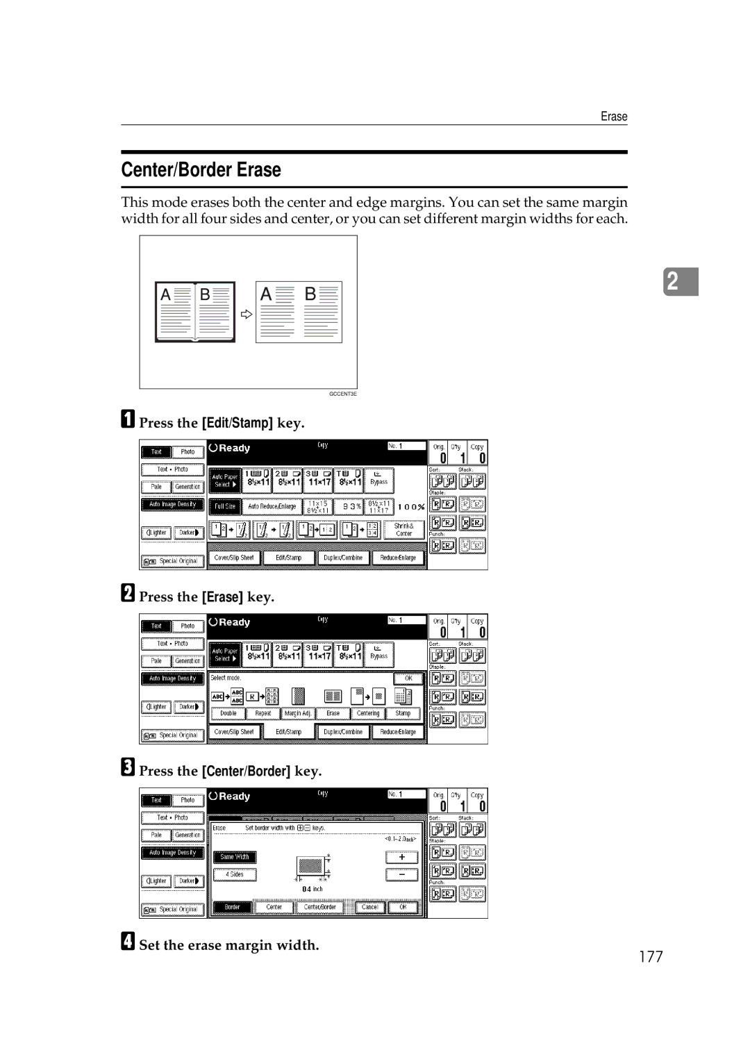 Ricoh 700, 551 manual Center/Border Erase, 177, Press the Edit/Stamp key Press the Erase key, Press the Center/Border key 