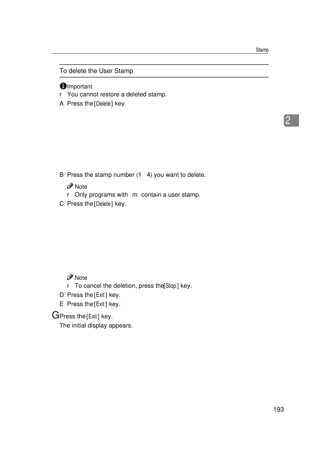 Ricoh 700, 551 manual To delete the User Stamp, 193, Press the Delete key 