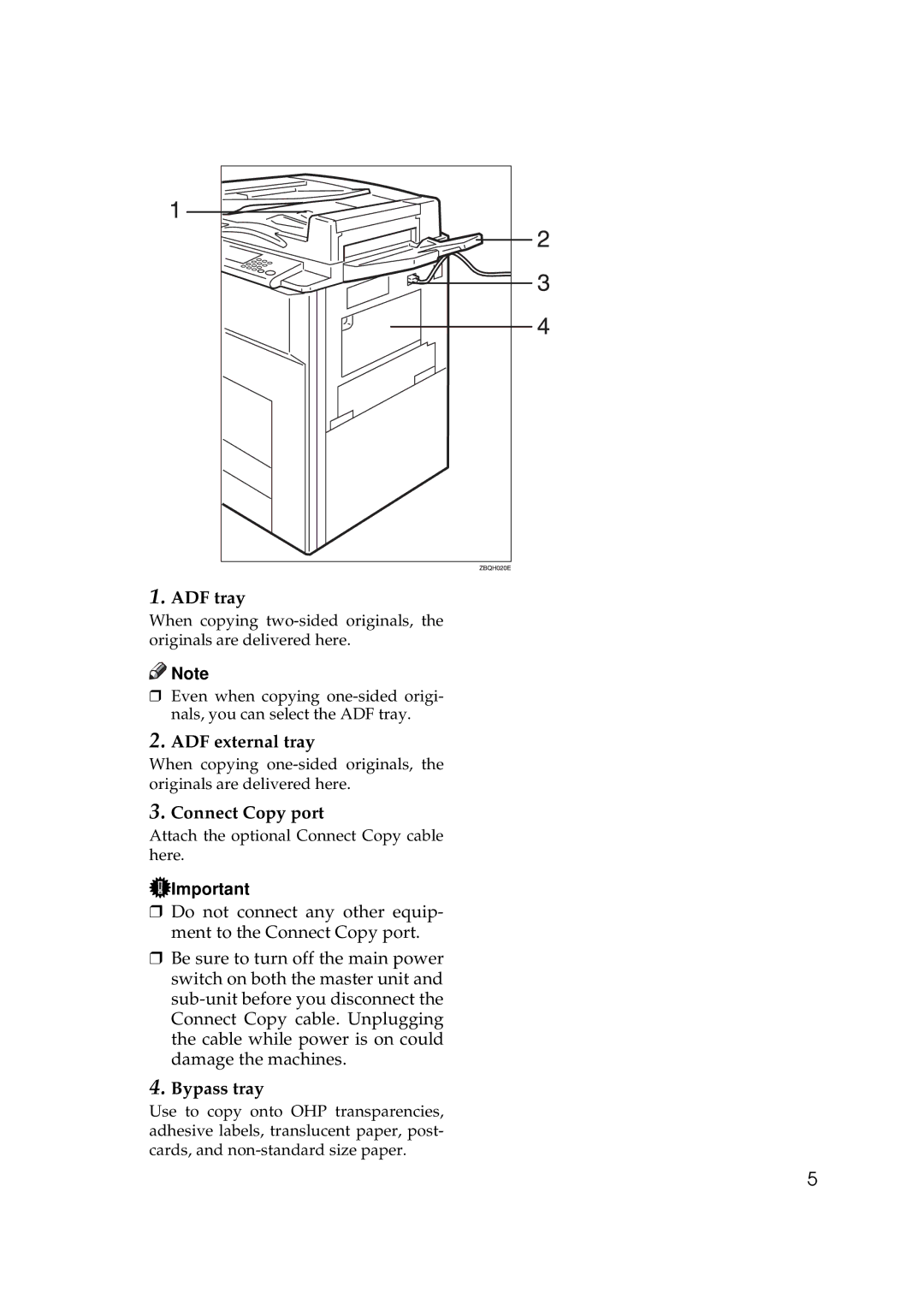 Ricoh 700, 551 manual ADF tray, Connect Copy port, Bypass tray 