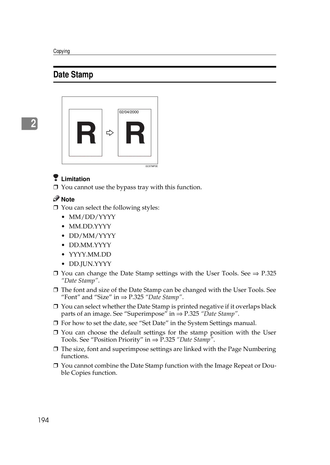 Ricoh 551, 700 manual Date Stamp, 194 