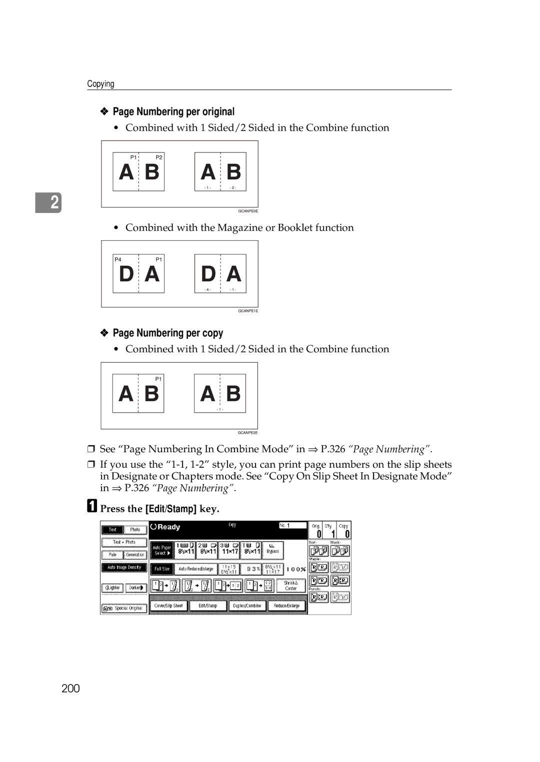 Ricoh 551, 700 manual Numbering per original, Numbering per copy, 200, Press the Edit/Stamp key 