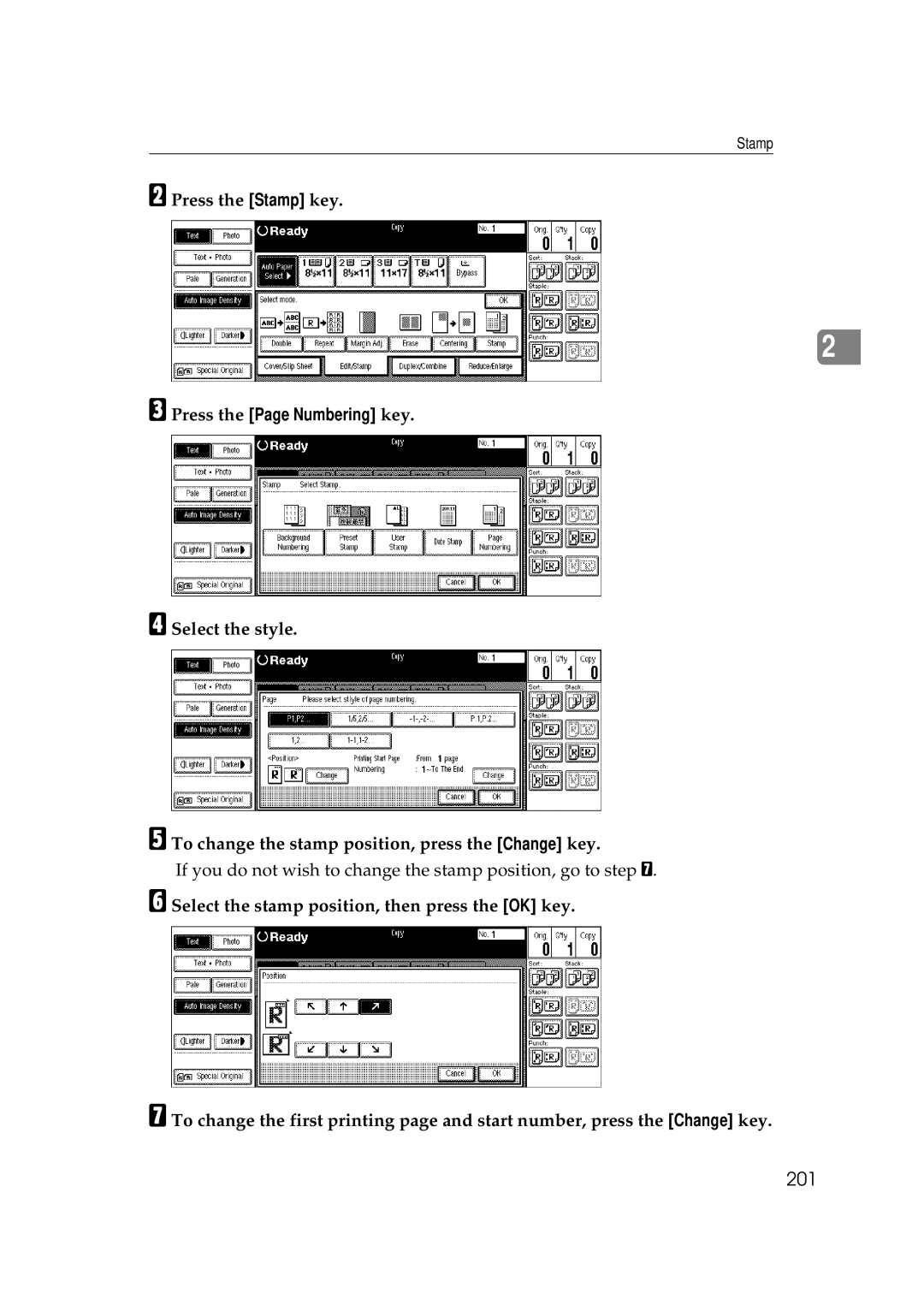 Ricoh 700, 551 manual 201, Press the Page Numbering key 