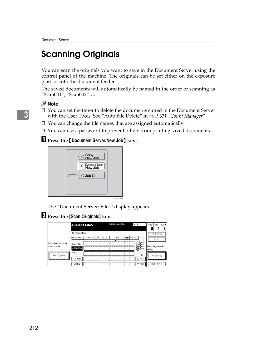 Ricoh 551, 700 manual Scanning Originals, 212, Press the Document Server/New Job key, Press the Scan Originals key 