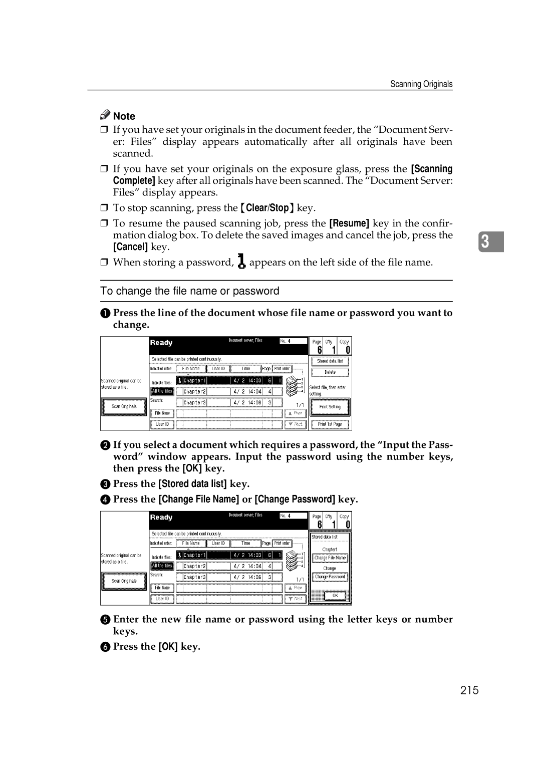 Ricoh 700, 551 manual To change the file name or password, 215, Cancel key 