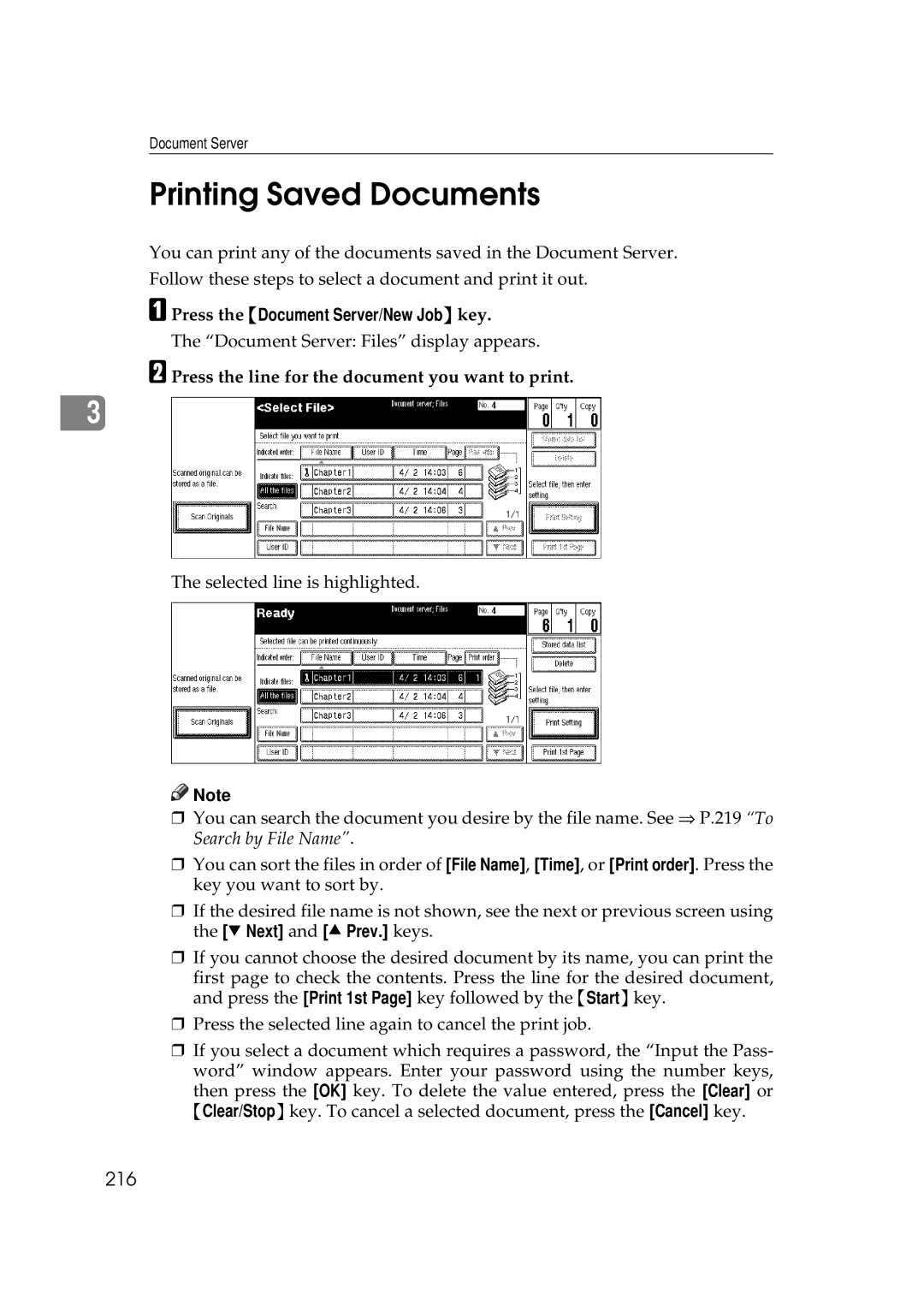 Ricoh 551, 700 manual Printing Saved Documents, 216, Press the line for the document you want to print 