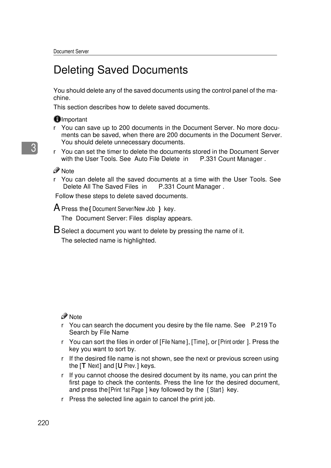 Ricoh 551, 700 manual Deleting Saved Documents, 220 