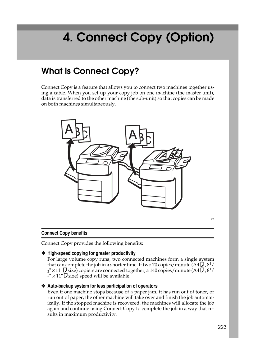 Ricoh 700, 551 manual What is Connect Copy?, Connect Copy benefits, High-speed copying for greater productivity, 223 