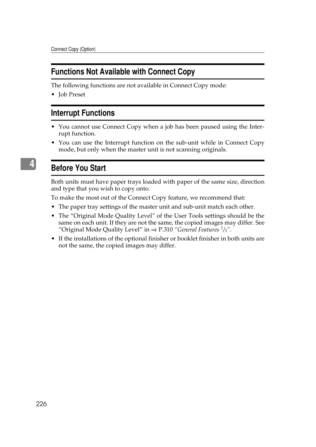 Ricoh 551, 700 manual Functions Not Available with Connect Copy, Interrupt Functions, Before You Start, 226 