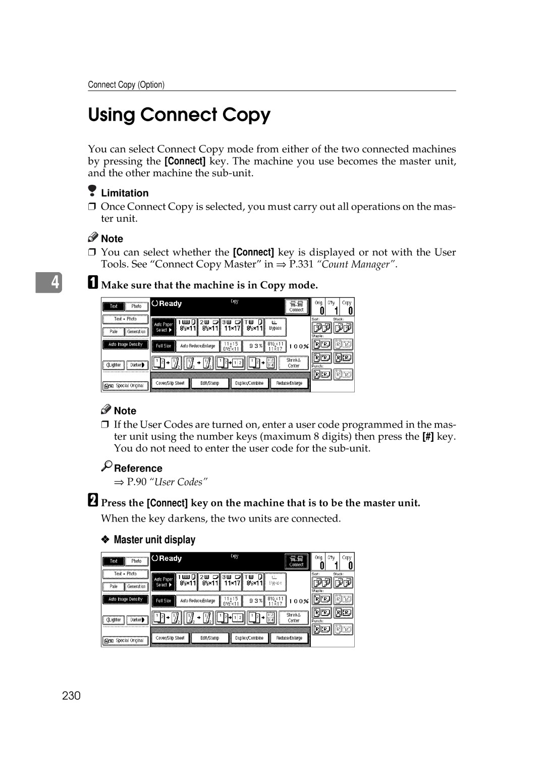 Ricoh 551, 700 manual Using Connect Copy, Master unit display, 230 