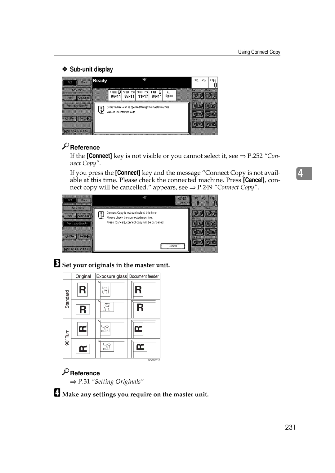 Ricoh 700 Sub-unit display, 231, Set your originals in the master unit, Make any settings you require on the master unit 