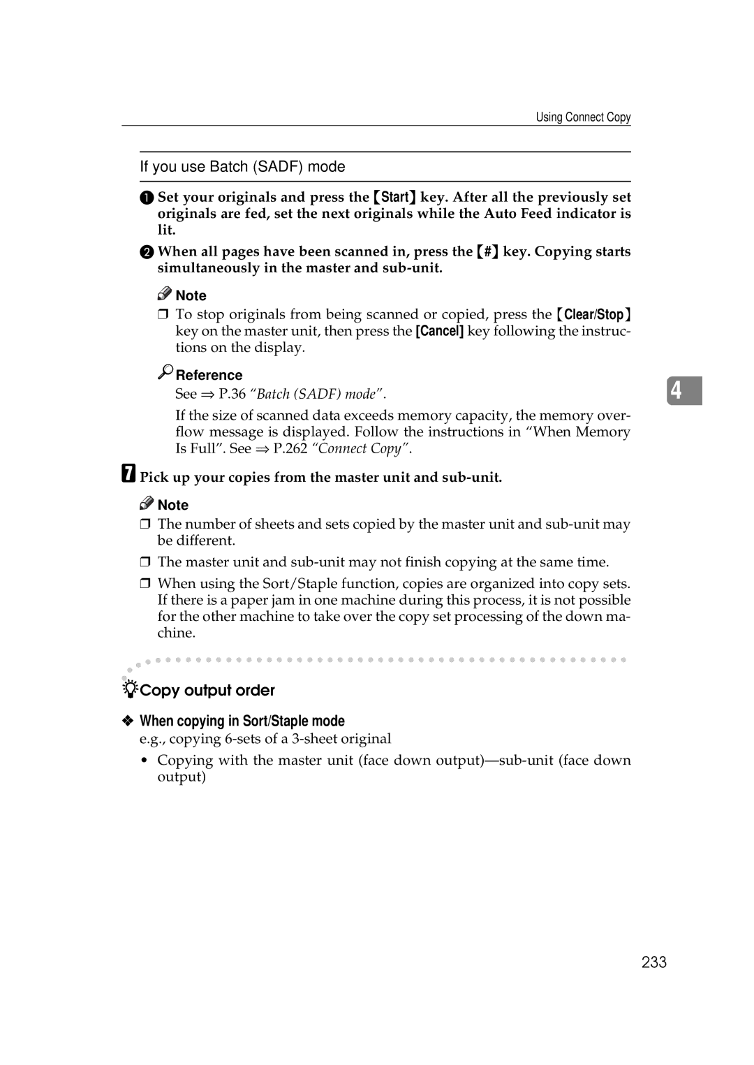 Ricoh 700, 551 manual If you use Batch Sadf mode, Copy output order, When copying in Sort/Staple mode, 233 