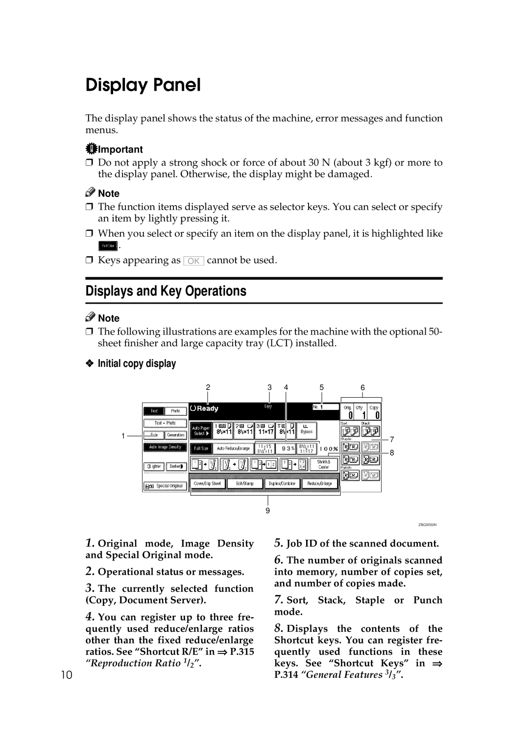 Ricoh 551, 700 manual Display Panel, Displays and Key Operations, Initial copy display 