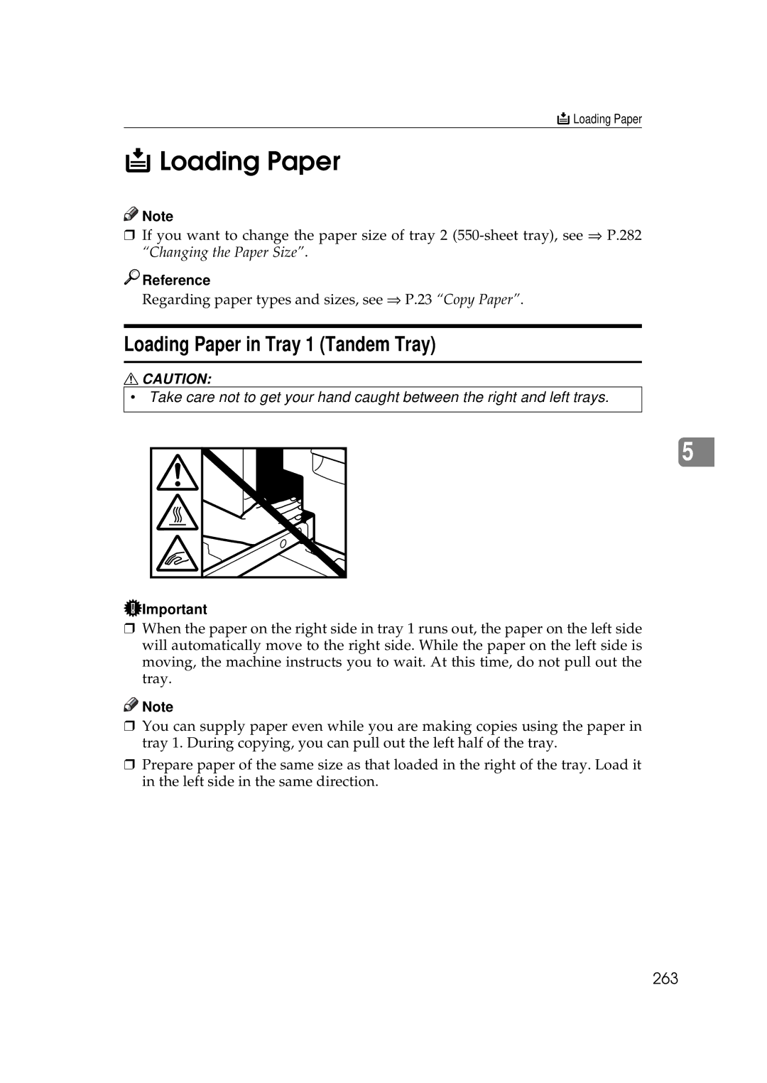 Ricoh 700, 551 manual Loading Paper in Tray 1 Tandem Tray, 263 