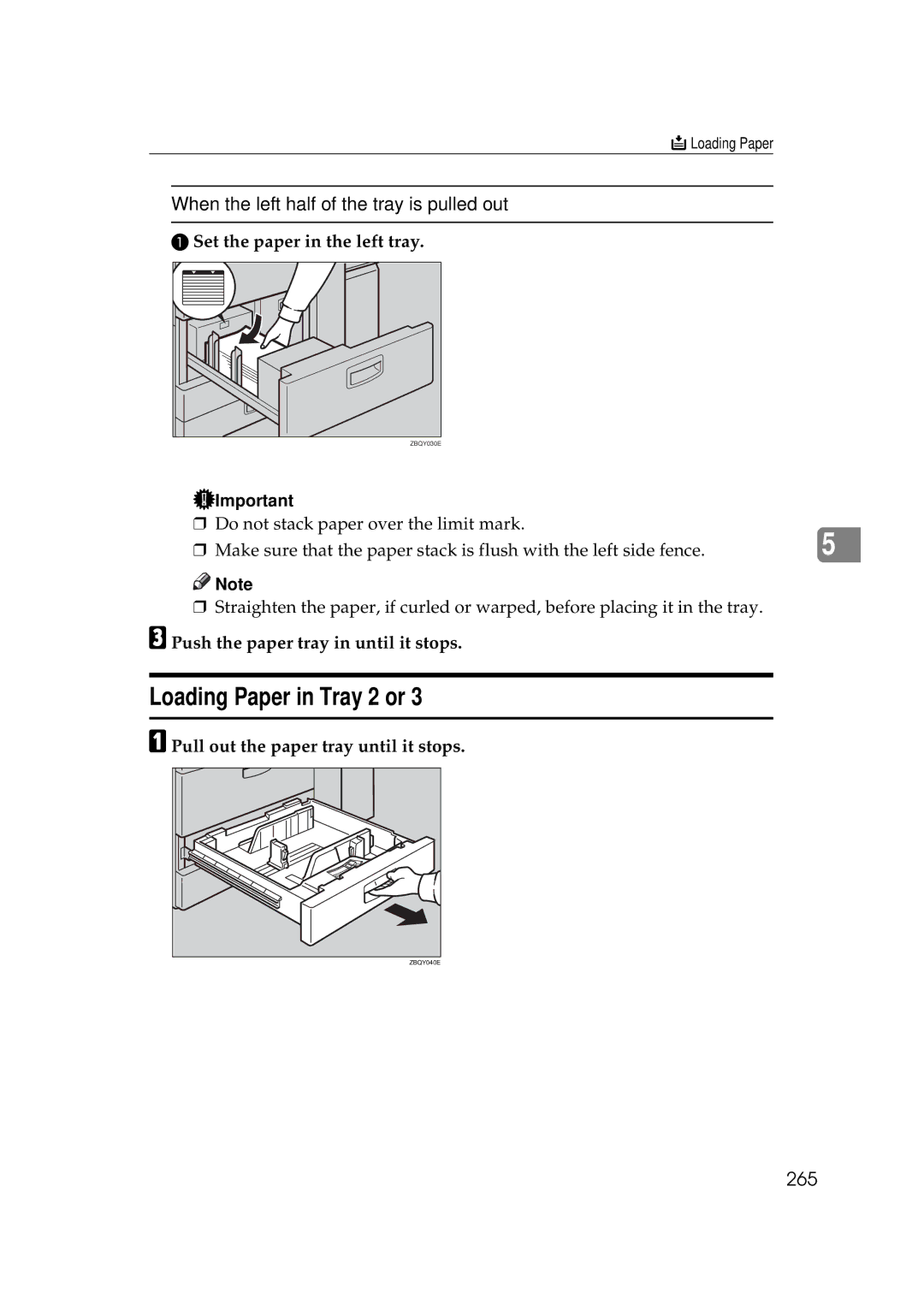 Ricoh 700, 551 manual Loading Paper in Tray 2 or, When the left half of the tray is pulled out, 265 