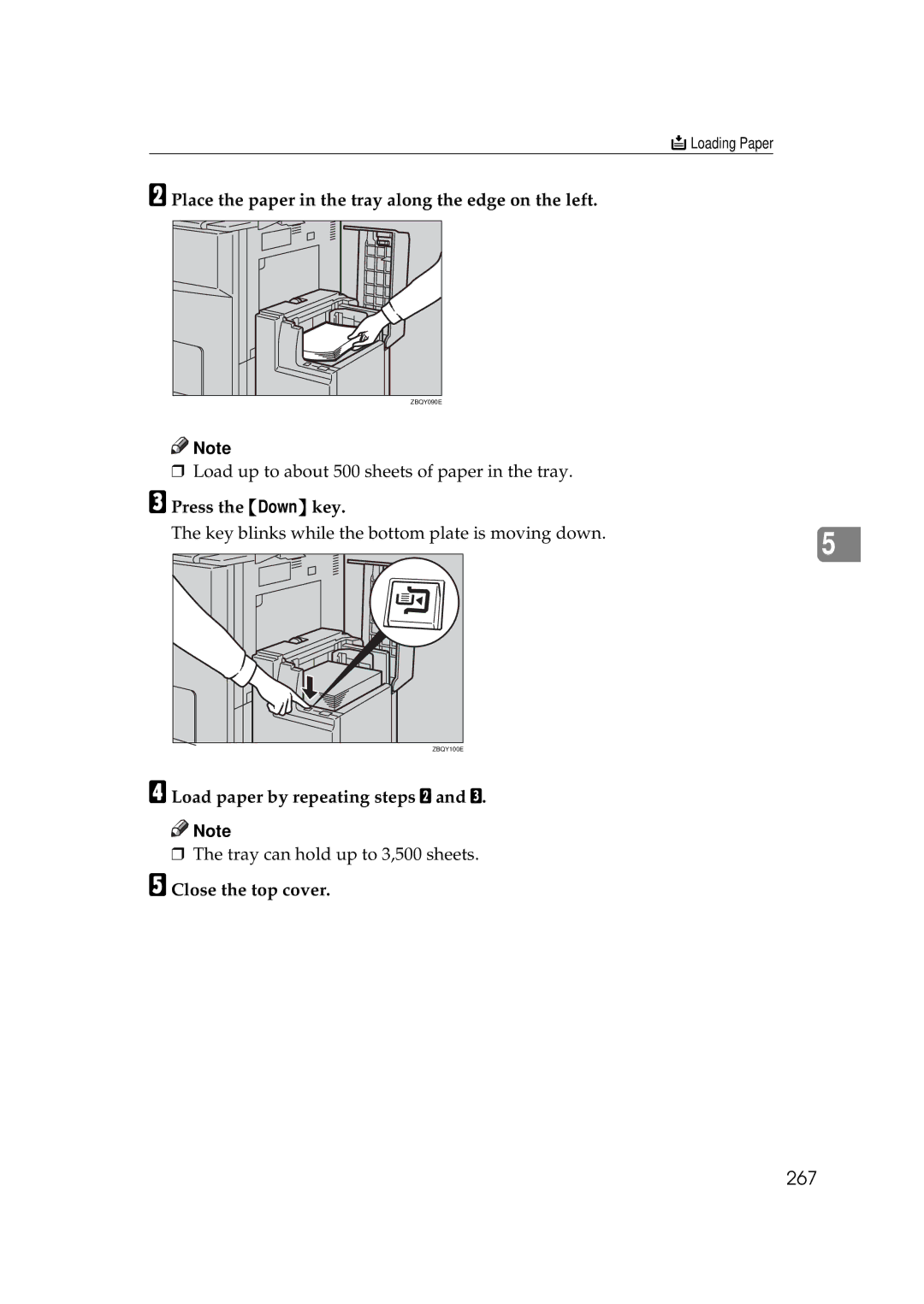 Ricoh 700, 551 manual 267, Place the paper in the tray along the edge on the left, Press the Down key, Close the top cover 